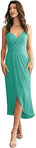 AW BRIDAL Spaghetti Chiffon Bridesmaid Dress Midi Evening Party Gown with Split Tulip Skirt