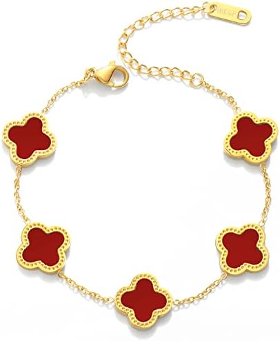 WSupikio Link Bracelets for Women Girls Trendy Bracelet Cute Plated 18K Gold Lucky Adjustable Clover Link Bracelets Mother's Day Christmas Gift Jewelry (Red)