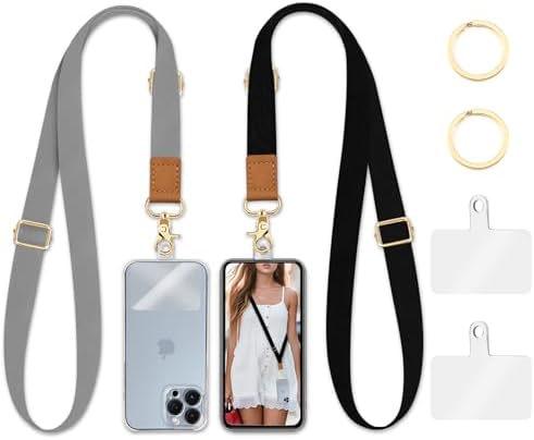 Yonlevres Phone Lanyard Crossbody Phone Strap, Black Grey Cell Phone Lanyards for around the Neck Strap Adjustable, 2 Pack iPhone Lanyard for Women Keys Case ID Badges Phone Accessories