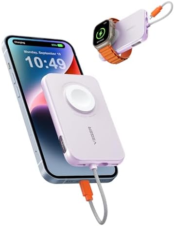 VEGER Portable Charger for iPhone with Built in Cable, 5000mAh Mini Power Bank Battery Pack, PD 20W Fast Charger Travel Accessory Compatible with iPhone 15/14/13/12/Pro Max, Apple Watch Series-Purple