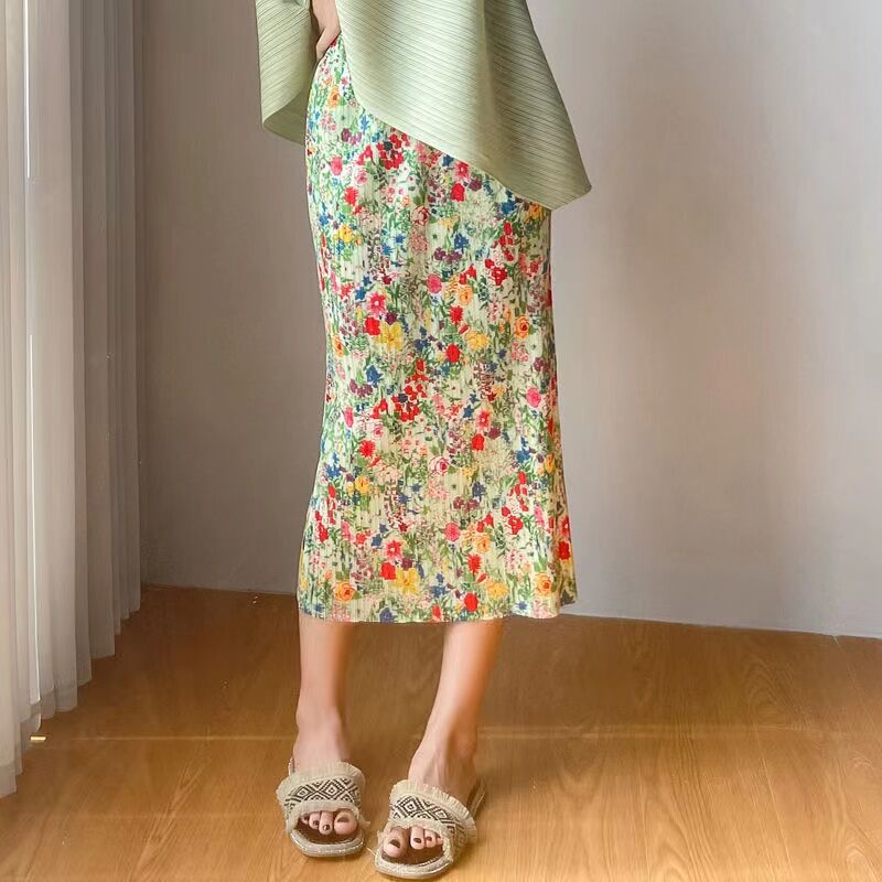 Pleated Skirt a-Line Slit Midi Skirt Women's Summer Thin High Waist Loose and Slimming Pleated Skirt Floral Skirt
