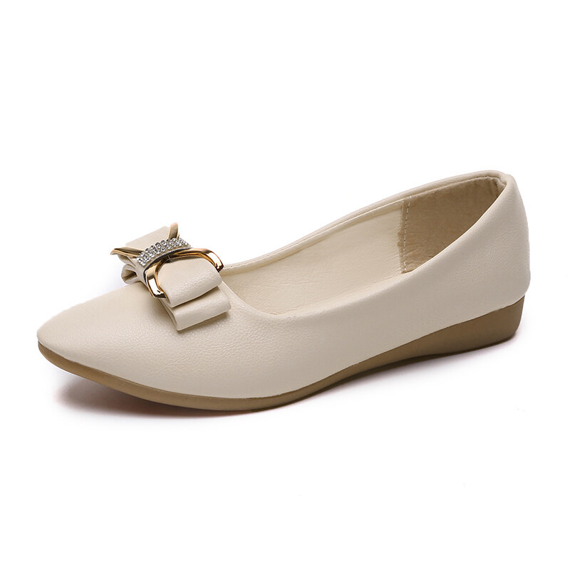 Atikota Women Fashion New Flat Shoes Shallow Mouth Bow Rhinestone Peas Shoes Solid Color PU Single Shoes