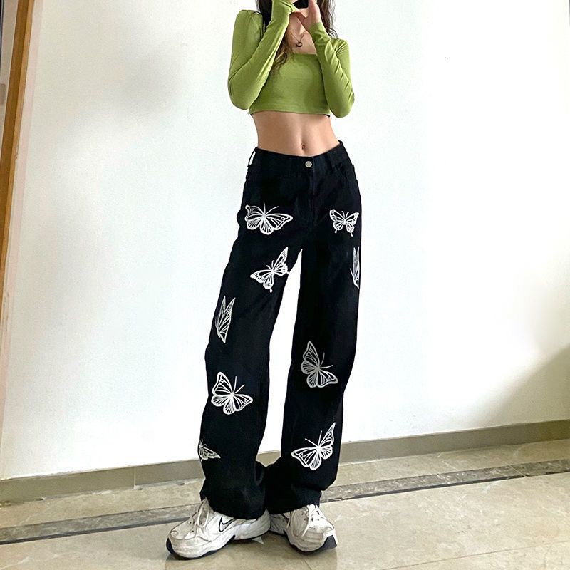 Design Butterfly Personalized Printed Jeans Women's Korean-Style R Slimming Loose All-Match Black Straight Pants